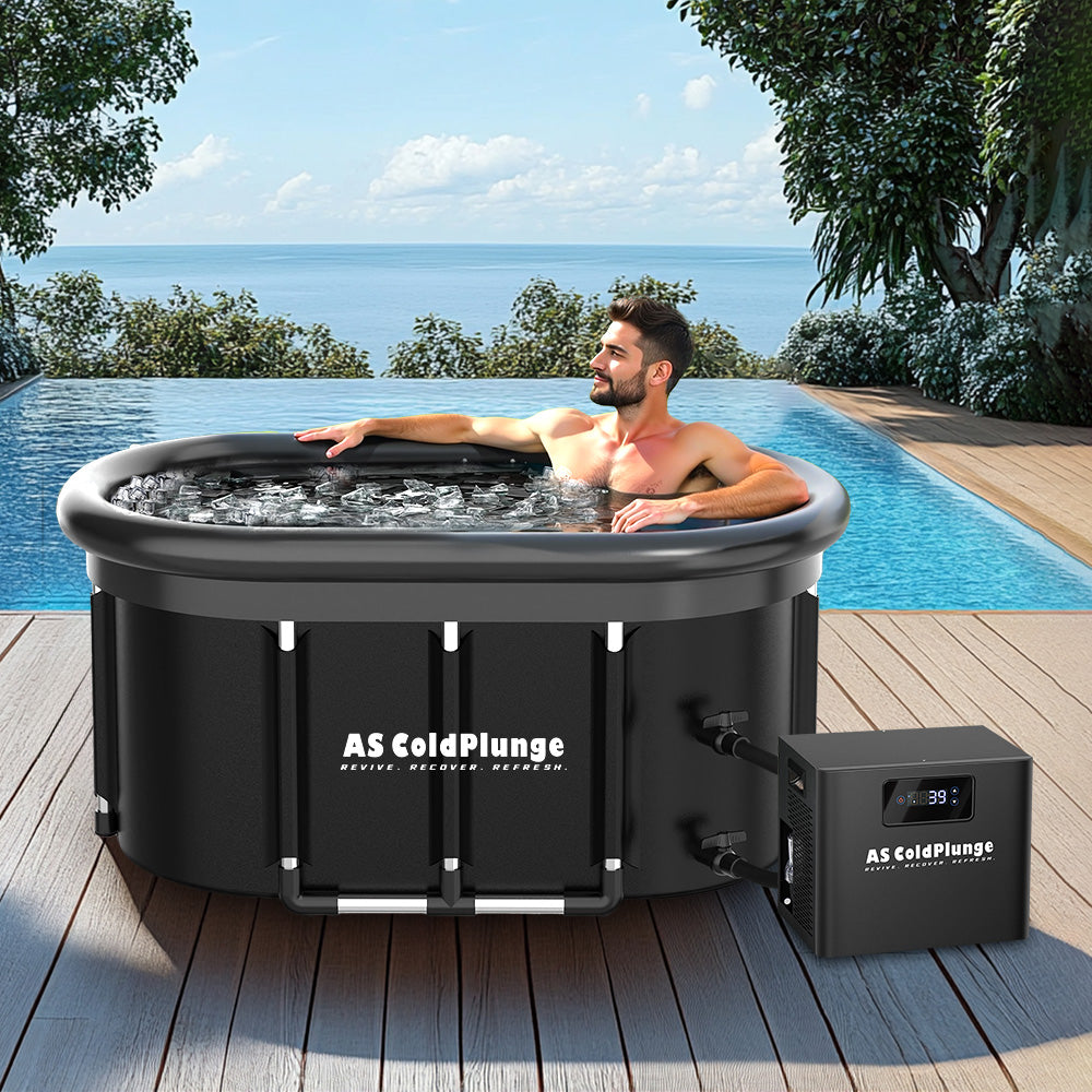 A muscular man taking a ice bath 